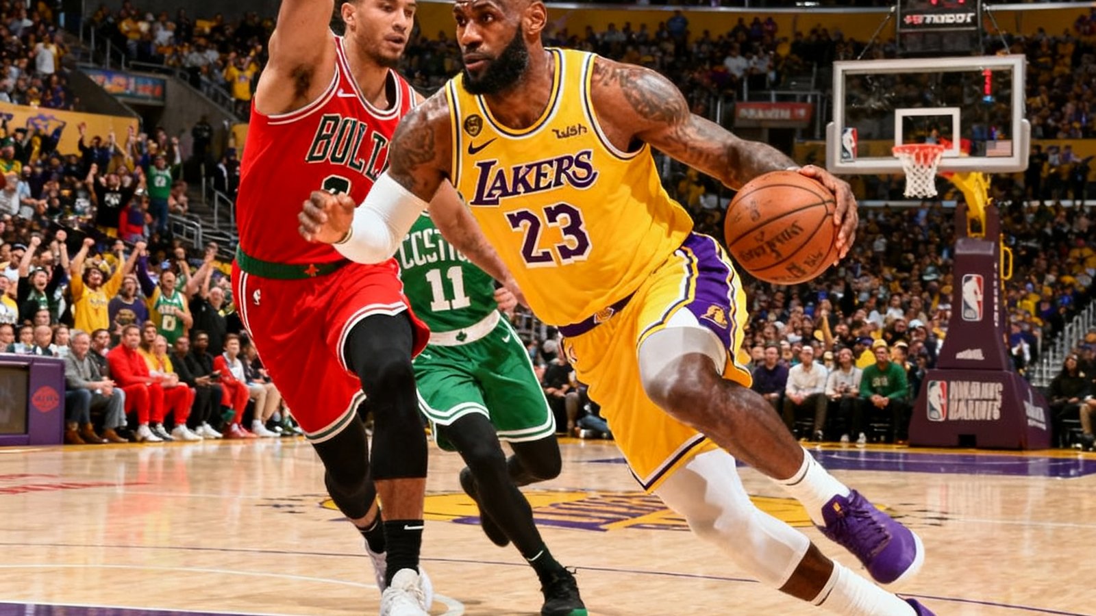 NBA湖人主场对阵凯尔特人的激烈比赛场景，勒布朗·詹姆斯突破上篮